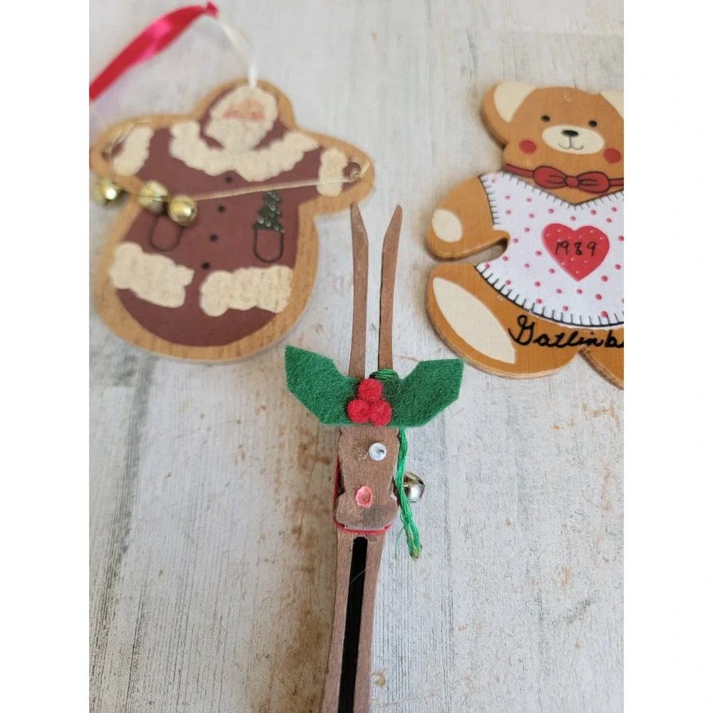 Vintage Santa Claus Bell reindeer wooden ornament Xmas set unique